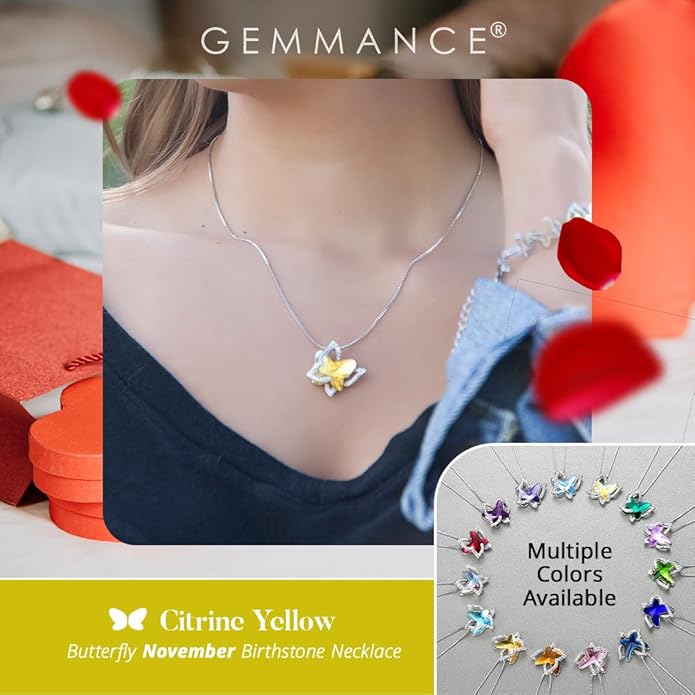 GEMMANCE Valentine's Day Gift Butterfly Birthstone Crystal Necklace, Silver Tone with 18”+2” Chain, Necklace for Mother’s Day Anniversary Birthday Gifts for Women and Daughter