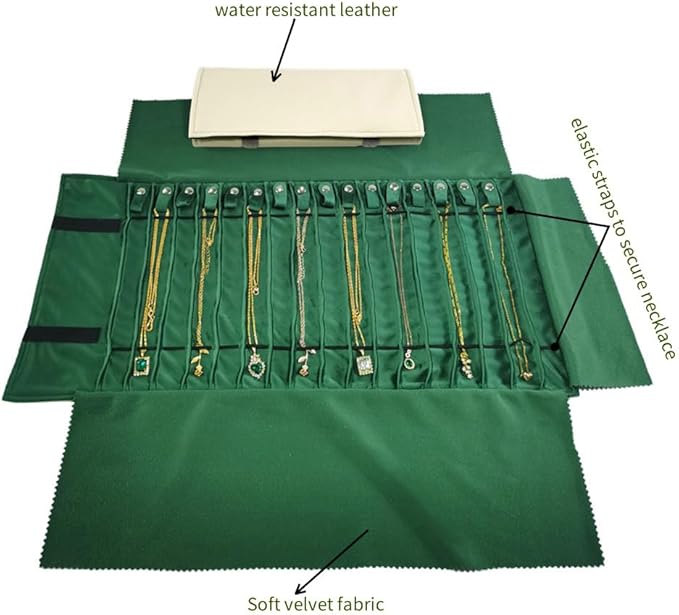 SCIKHEFT Portable Jewelry Roll Untangled Secure Necklace Travel Storage Bag Displays Holder 16 Chain (gray PU and green)