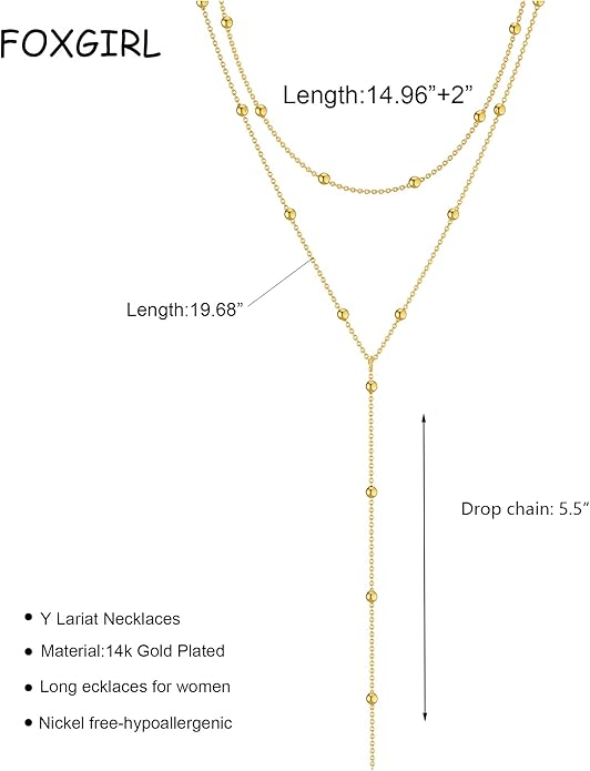 Foxgirl Lariat Gold Necklace for Women, Dainty Long Necklace 14k Gold Plated/Silver Y-Shaped Pendant Necklace Trendy Layered Cz Beaded Chain Drop Necklaces Simple Gold Jewelry For Women Gift