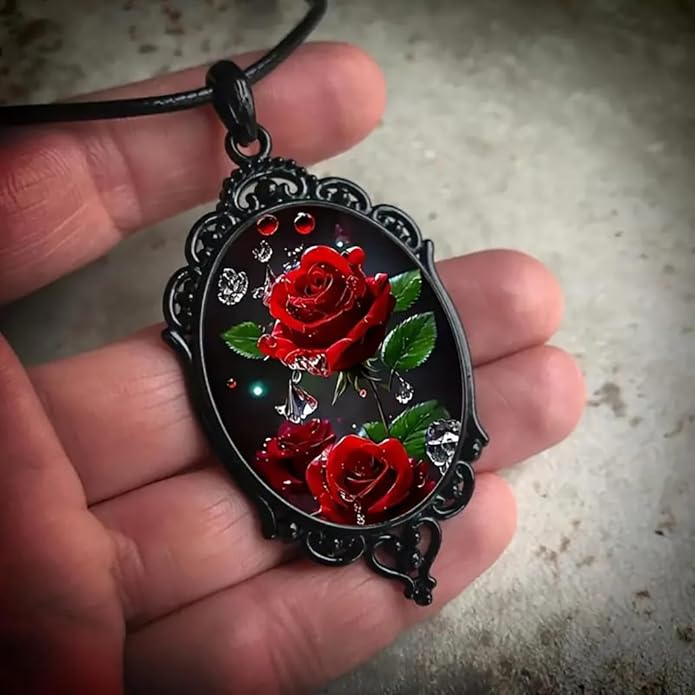 Gothic Rose Glass Necklace for Women Vintage Satan Demon Pendant Halloween Roses Necklaces Dark Punk Style Necklace Victoria Emboss Necklaces Mystic Witch Jewelry Gift Accessories