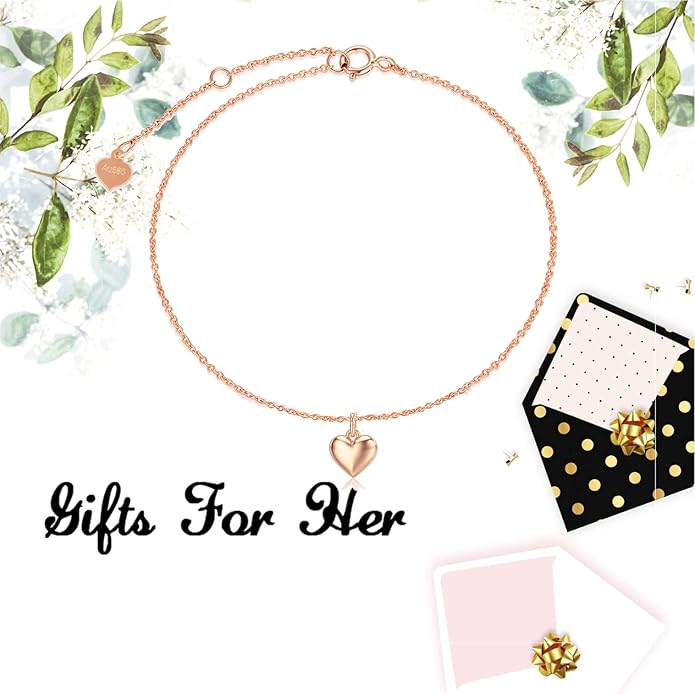SISGEM Real 14k Gold Puff Heart Anklet for Women, Love Ankle Bracelet Foot Jewelry Gifts for Her, 9+1+1 Inch