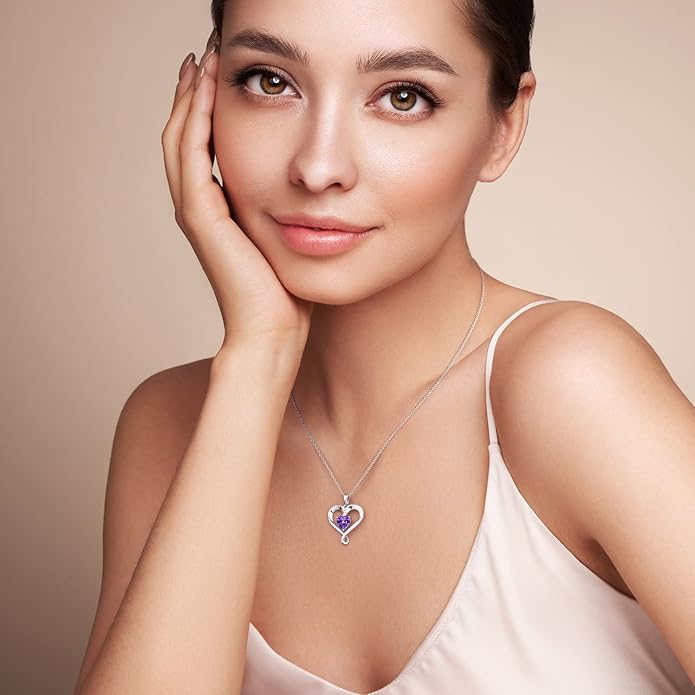 Birthstone Necklace for Women, 18K White Gold Heart Necklace Filled 925 Sterling Silver, Diamond Womens Jewelry Christmas Gifts for Women Wife