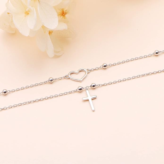 Anklet for Women S925 Sterling Silver Adjustable Foot Evil Eye Starfish Heart Bead Butterfly Celtic Knot Cross Multilayer Layered Ankle Bracelet Jewelry