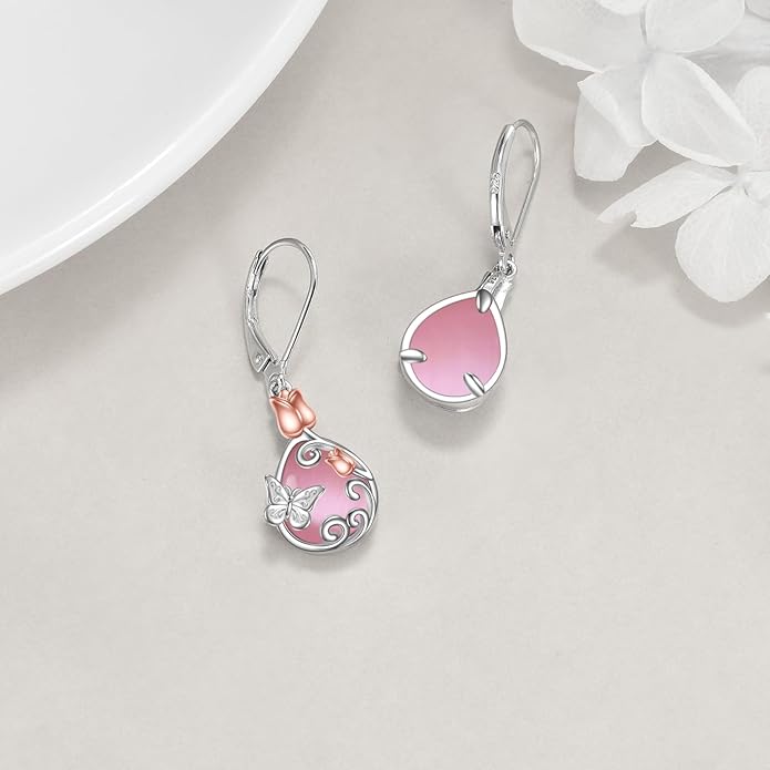 AOBOCO Butterfly/Dragonfly/Bee/Ladybug Leverback Earrings 925 Sterling Silver Rose Lotus Tulip Flower Filigree Dangle Earrings Teardrop Moonstone Larimar Turquoise Abalone Shell Jewelry Birthday Gifts for Women