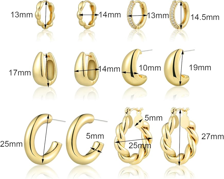 6 Pairs Gold Hoop Earrings for Women, 14K Gold Plated Chunky Huggie Hoop Earrings Set Hypoallergenic, Lightweight Twisted Open Hoops Jewelry for Christmas/Birthday Gifts.
