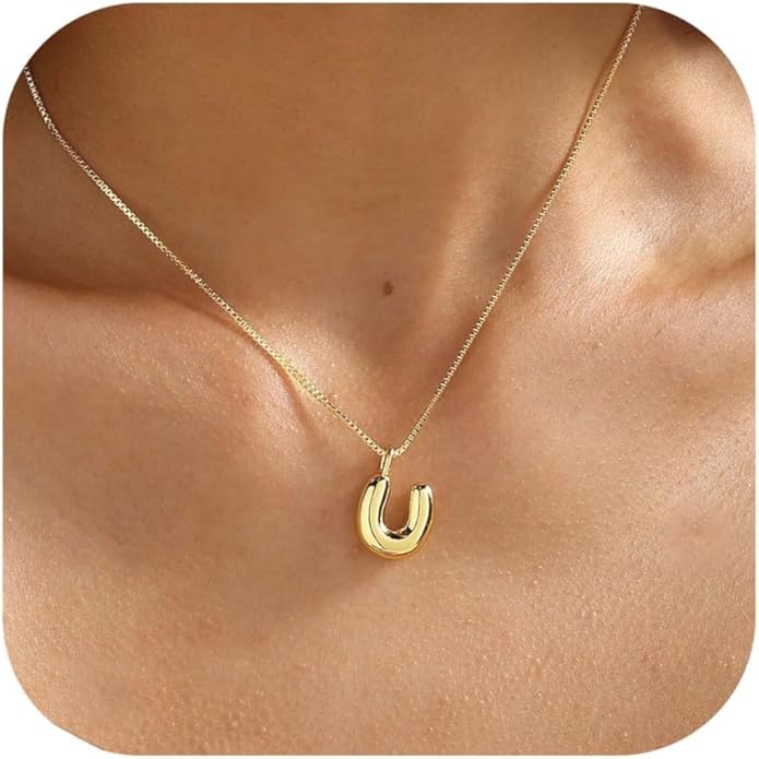 Bubble Gold Silver Letter Necklace Initial Necklaces for Women Trendy 14K Dainty Charm Pendant Name Necklace Personalized Jewelry Gift for Women Teen