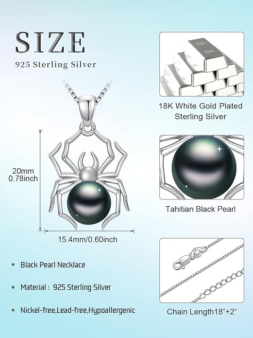 Tahitian Black Pearl 9MM AAAA 18K White Gold Plated Sterling Silver Spider Pendant Necklace for Women Wife Mom Girlfriend Her Jewelry Gift for Anniversary Birthday Halloween
