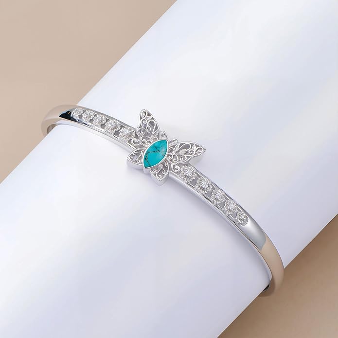 Butterfly Filigree Cuff Bracelet with CZ, 925 Sterling Silver Adjustable Natural Gemstone Bangle, Vintage Boho Jewelry Gift for Her