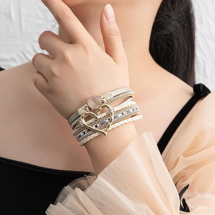 Rantanto Braid Leather Wrap Bracelet Trendy Stackable Crystal Cuff Boho Gold Heart Bracelet Jewelry Gift For Women