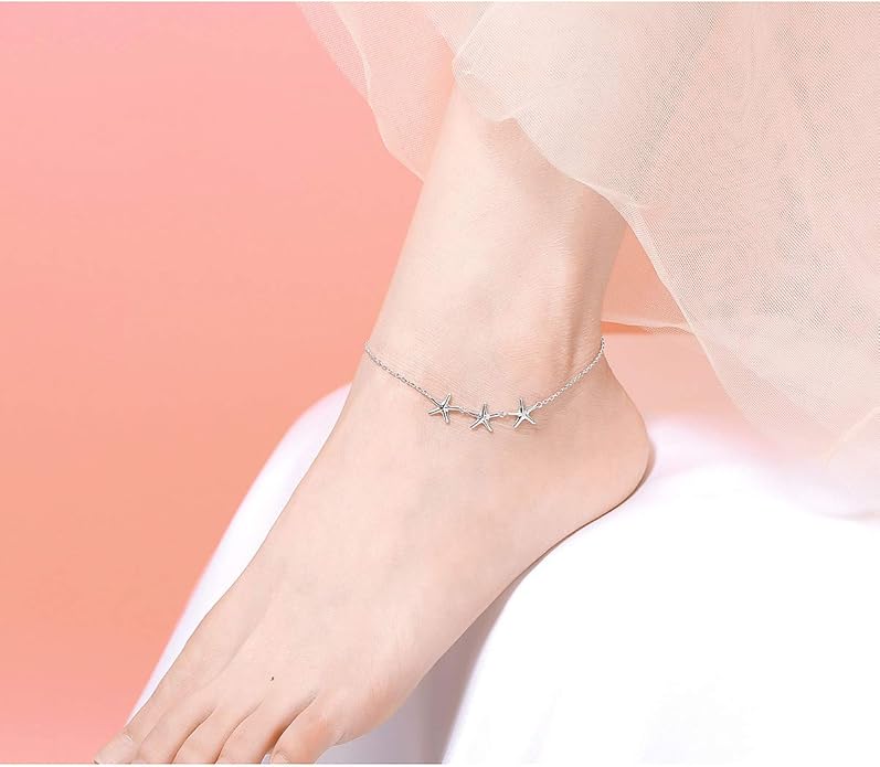 Anklet for Women S925 Sterling Silver Adjustable Foot Evil Eye Starfish Heart Bead Butterfly Celtic Knot Cross Multilayer Layered Ankle Bracelet Jewelry