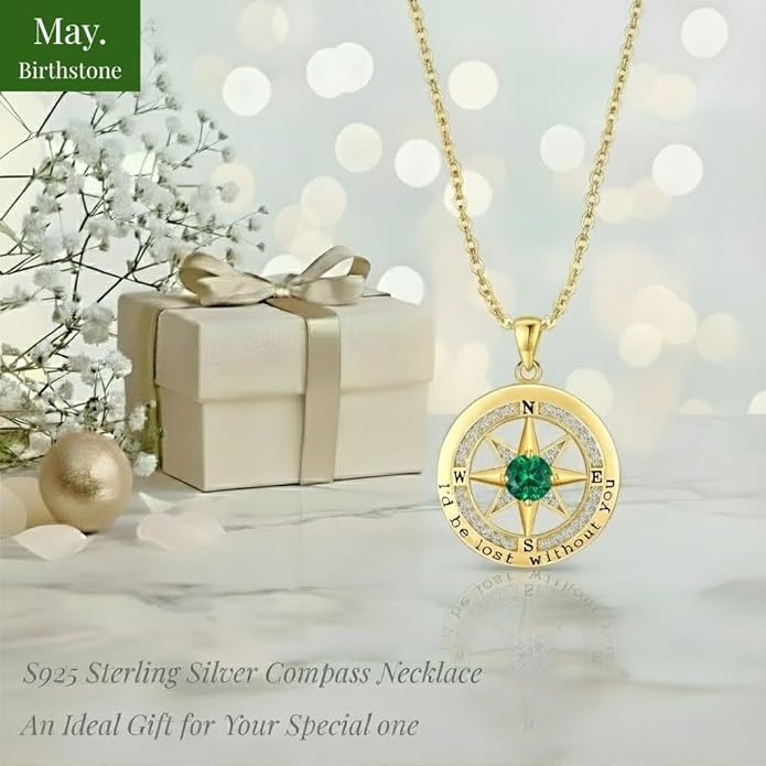Compass Necklace for Women Wife Girlfriend Mom Daughter Gifts S925 Silver Jewelry For Anniversary Rose Gold Gifts For Birthday Christmas Mothers Valentines Day 12 Birthstones
