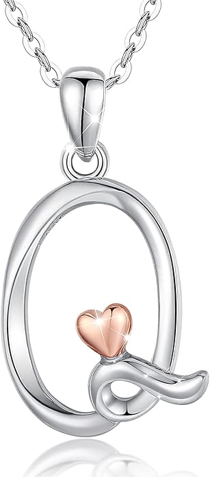 CELESTIA 925 Sterling Silver Initial Necklaces 26 Letter with Rose Gold Heart - 18 Inch Chain