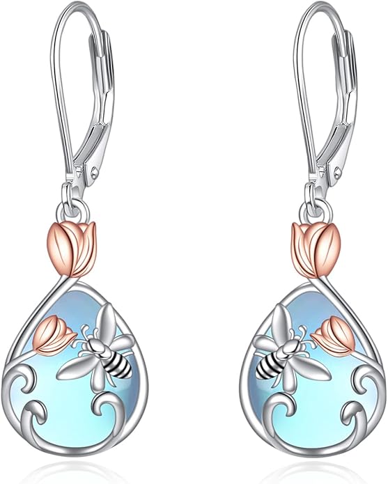 AOBOCO Butterfly/Dragonfly/Bee/Ladybug Leverback Earrings 925 Sterling Silver Rose Lotus Tulip Flower Filigree Dangle Earrings Teardrop Moonstone Larimar Turquoise Abalone Shell Jewelry Birthday Gifts for Women