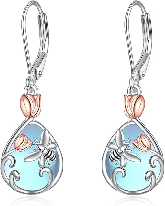 AOBOCO Butterfly/Dragonfly/Bee/Ladybug Leverback Earrings 925 Sterling Silver Rose Lotus Tulip Flower Filigree Dangle Earrings Teardrop Moonstone Larimar Turquoise Abalone Shell Jewelry Birthday Gifts for Women