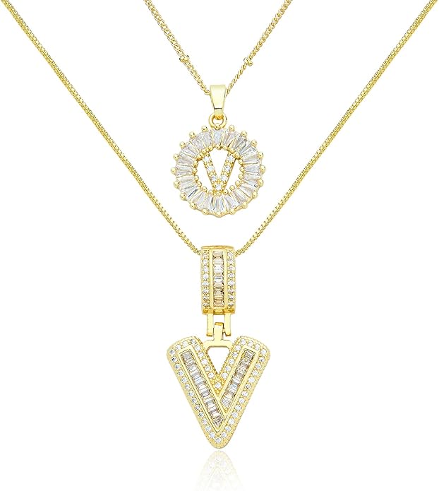 14K Gold Plated Initial Letter Pendant Necklace, Cubic Zirconia Crystal, Copper Chain