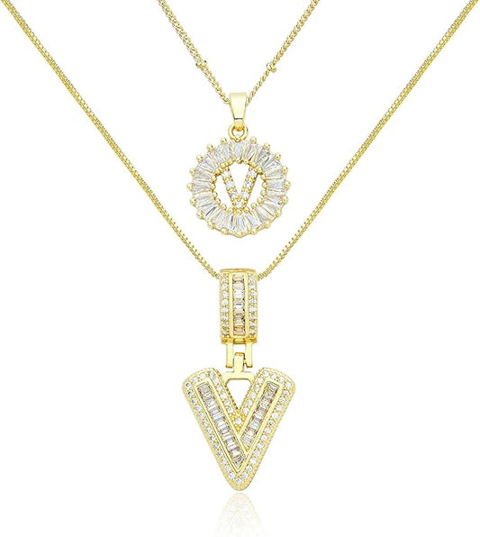 14K Gold Plated Initial Letter Pendant Necklace, Cubic Zirconia Crystal, Copper Chain