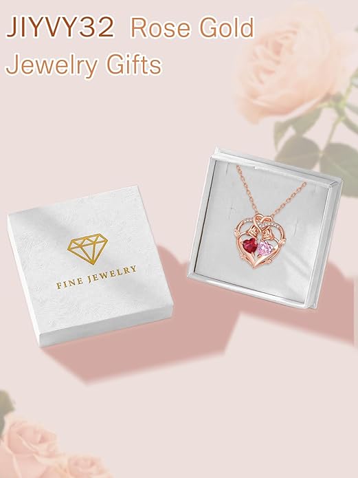 Rose Gold Necklaces for Women Double Birthstone Rose Flower Heart Pendant Necklace Jewelry Anniversary Christmas Valentine's Mother's Day Birthday Gift for Wife Mom Her Girlfriend Sister