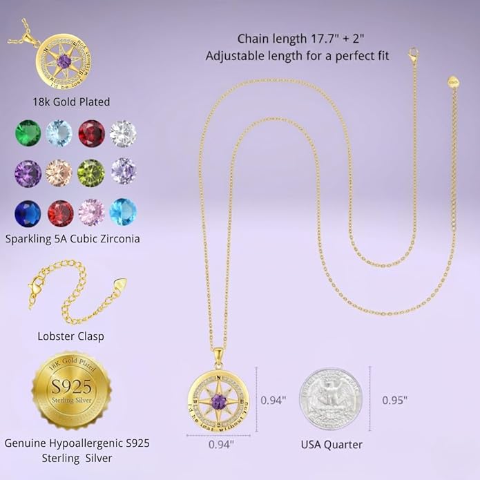 Compass Necklace for Women Wife Girlfriend Mom Daughter Gifts S925 Silver Jewelry For Anniversary Rose Gold Gifts For Birthday Christmas Mothers Valentines Day 12 Birthstones