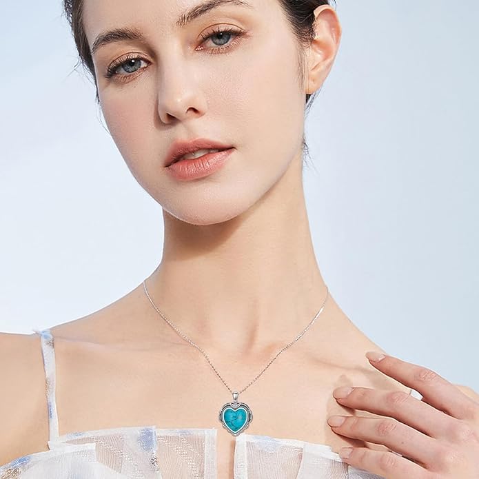 Genuine Turquoise Heart Necklaces for Women 925 Sterling Silver Blue Green Turquoise Pendant Vintage Western Jewelry Gift for Mom Wife Her