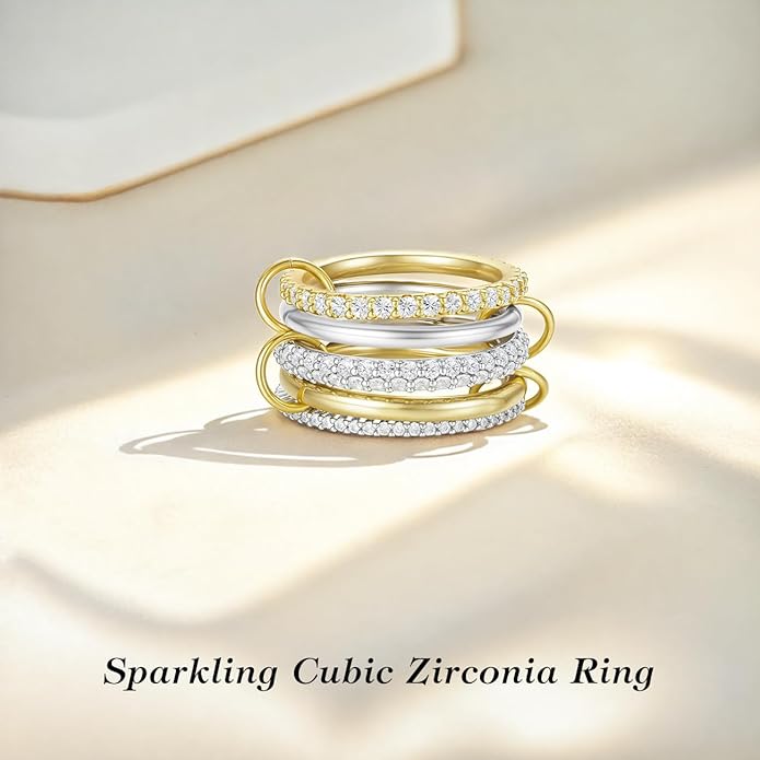 Emibele 14K Gold Plated Stackable Rings for Women, Interlocking Non Tarnish Gold Rings, Silver Dainty Cubic Zirconia Bands, Two-Toned Mixed Metal Stacking Band, Trendy Jewelry Gifts for Women