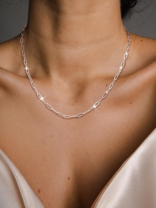 MBW Silver Paperclip Chain Necklace for Women,Dainty Sterling Silver Choker Necklaces for Women Trendy Simple Long Chunky Minimalist Waterproof Link Necklace Jewelry Gifts for Women 16/18/20 in
