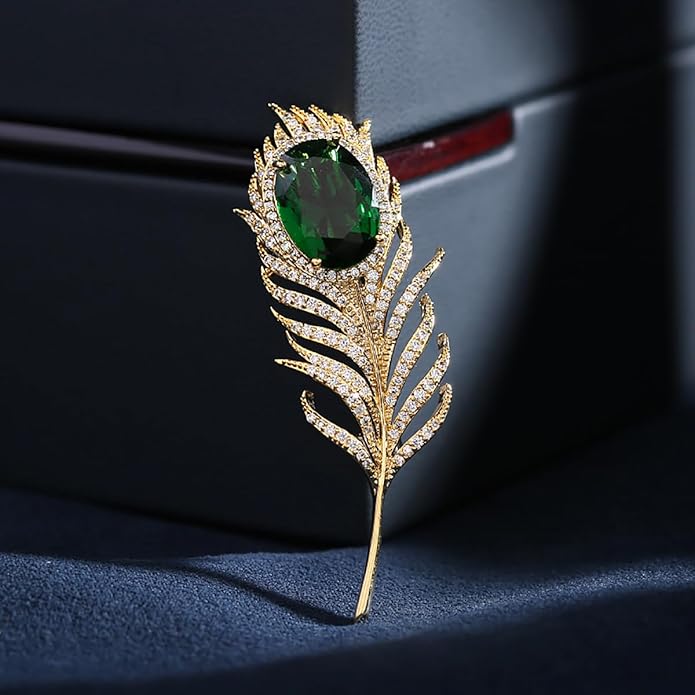 14K Gold Feather Brooch Pin with Moissanite Inlay - Elegant Coat and Suit Accessory for Women, Fashionable Business Attire Enhancement