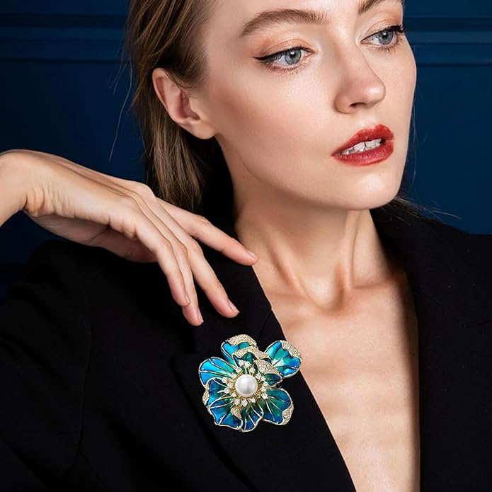 Peony Flower Brooch for Women Elegant Enamel Pearl Flowers Brooch Pin Vintage Crystal Flower Bud Pin Elegant Clothing Hat Bag Accessories Christmas Birthday Banquet Jewelry