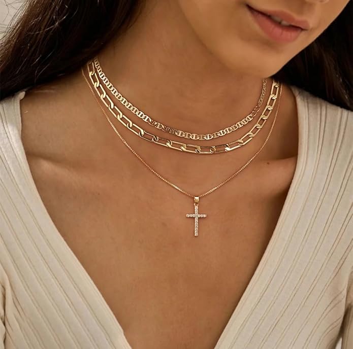 Layered Necklace for Women 14K Gold Plated Dainty Paperclip Herringbone Pearl Cross Pendant Necklace Stack，Layering Chain Cuban Figaro Rope Chain Choker Trendy Gold Jewelry Gift