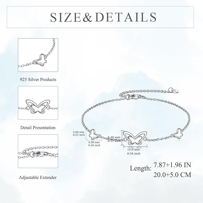 AOBOCO Sterling Silver Anklet for Women Crystal Butterfly Dragonfly Evil Eye Ankle Bracelet