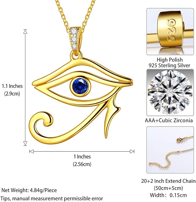 Jewmon Egyptian Eye of Horus Necklace for Women 925 Sterling Silver Blue Eye Pendant Necklace Horus Eye of Ra Necklace Ancient Egyptian Jewelry for Women