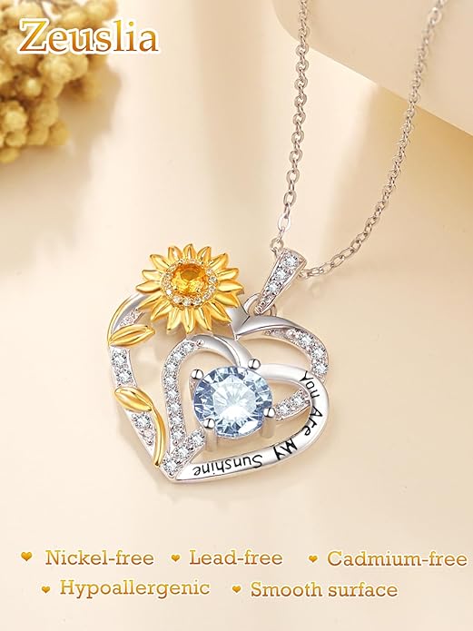 Zeuslia Double Birthstone Necklace Gifts for Wife - 925 Sterling Silver Sunflower/Rose/Crown Cross/Compass/Heart Pendant I Love You Necklace, Anniversary Birthday Gifts for Wife Girlfriend Mom Her