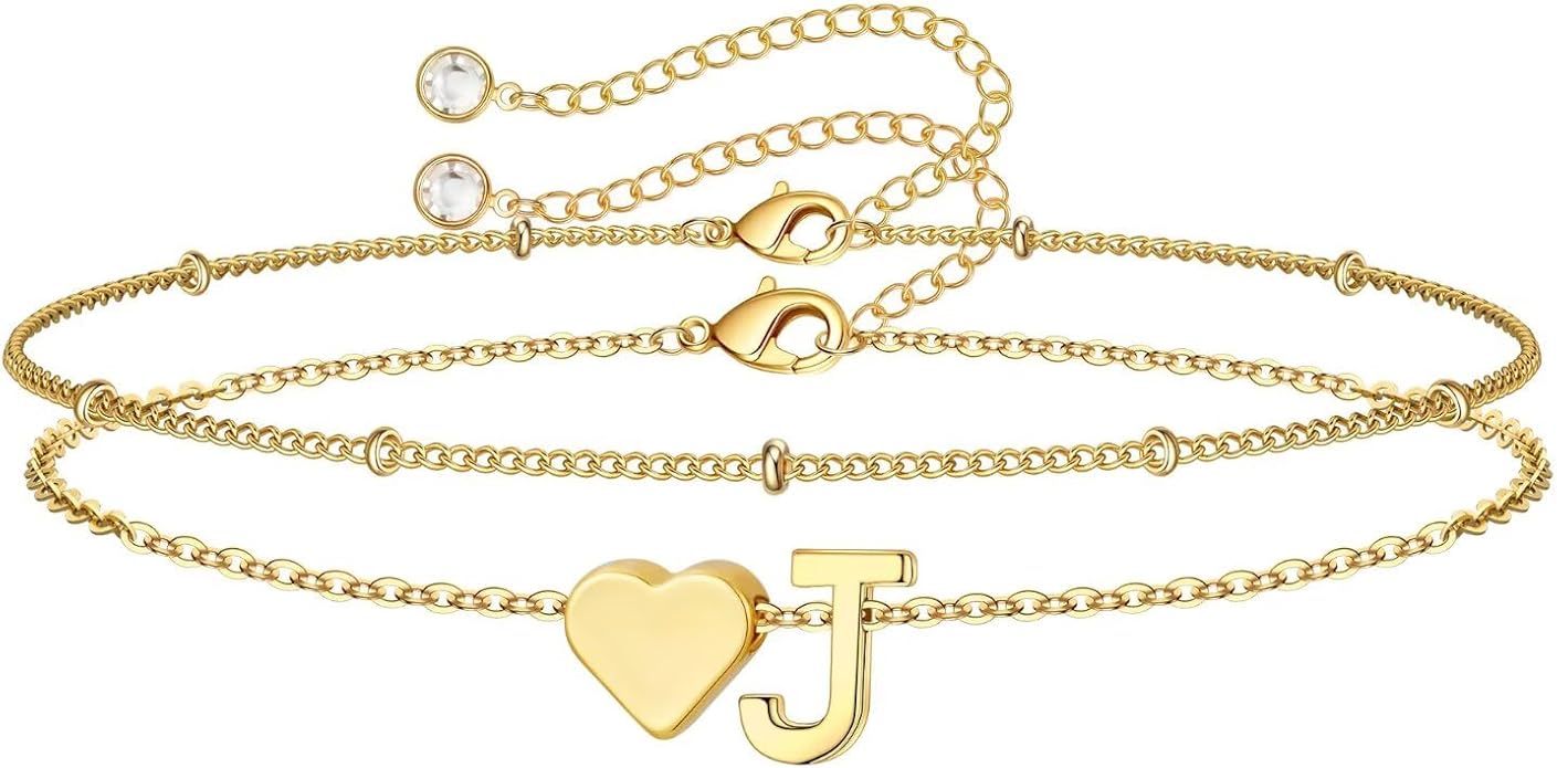 M MOOHAM Christmas Gifts for Grandkids Teens Girls -14K-Gold-Plated Heart Initial Bracelets for Women Girl Dainty Gold Bracelets Birthday Gift Stocking Stuffers for Women Teenage Girls Kids Gifts