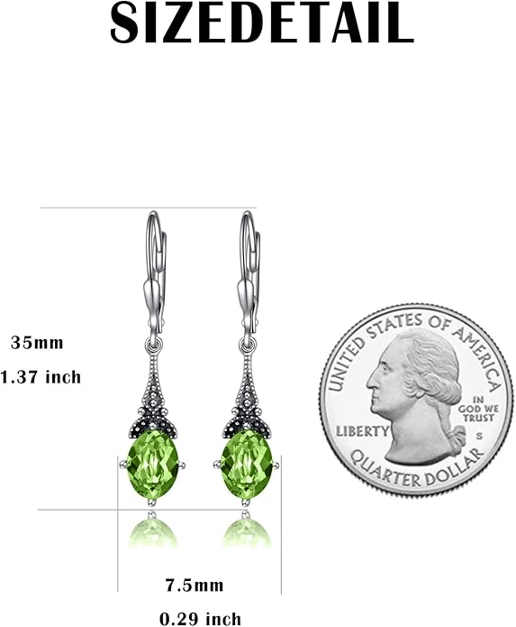 AOBOCO Vintage Earrings for Women Sterling Silver Retro Drop Dangle Leverback Earrings with 8x6mm Oval Genuine or Simulated Birthstone Crystal from Austria, Anniversary Jewelry Gifts for Her Women