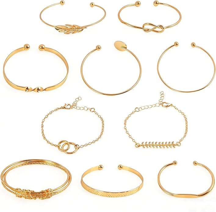 Vocect 10 Pcs Stackable Gold Bracelets for Women Set, 14K Gold Plated Mixed Style Bracelet Set Adjustable Paperclip Chain Cuban Link Beaded Cuff Waterproof Jewelry Sets for Layering Fashion Gifts