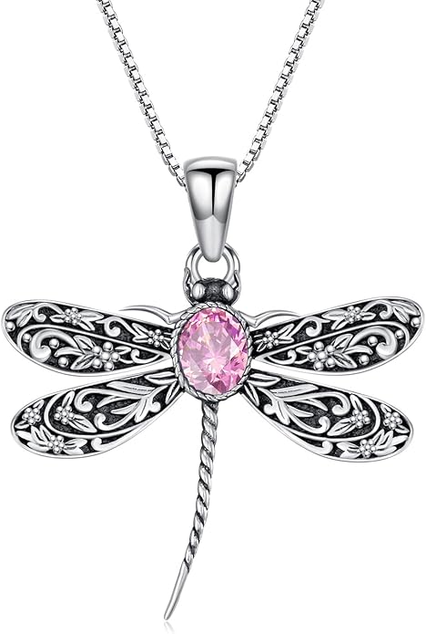 Vintage Dragonfly Necklace for Women 925 Sterling Silver, Oval Birthstone Dragonfly Pendant Boho Jewelry Birthday Gift for Her, Mom, Grandma