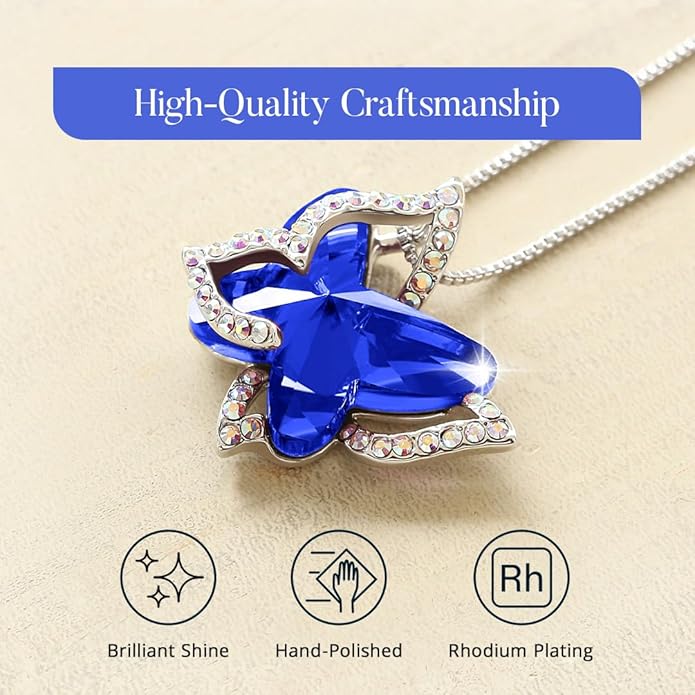 Gift Butterfly Birthstone Crystal Necklace, Silver Tone with 18”+2” Chain, Necklace for Mother’s Day Anniversary Birthday Gifts for Women and Daughter