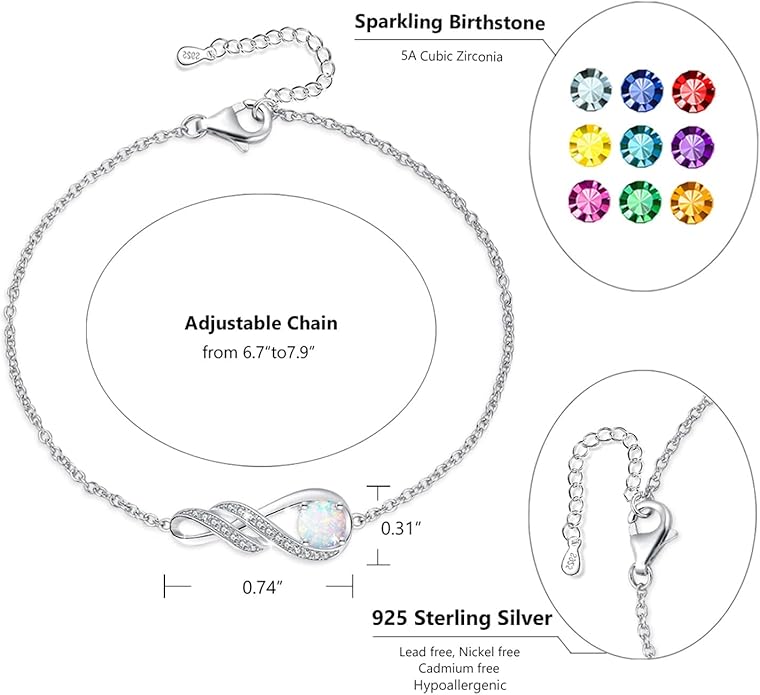 Birthstone Bracelets for Women 925 Sterling Silver Created Gemstone Bracelet Infinity Pendant Jewelry for Her, 6.7"+1.2"