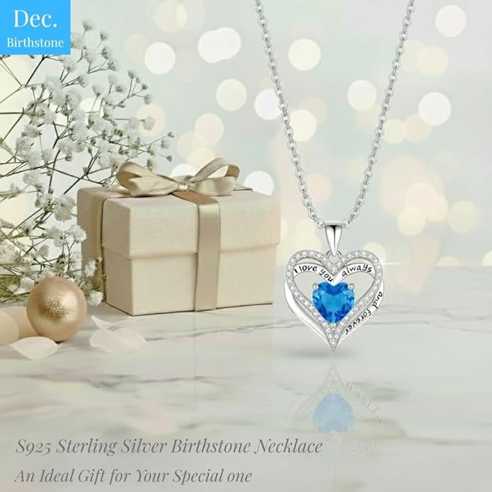 Birthstone Heart Necklace for Women Wife Girlfriend Mom Daughter Gifts S925 Silver Jewelry For Anniversary Rose Gold Gifts For Birthday Christmas Mothers Valentines Day