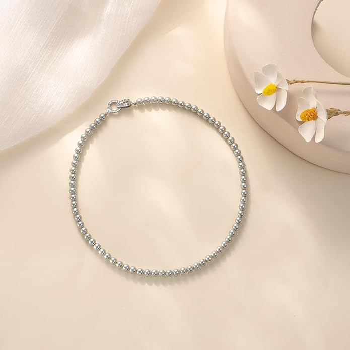 Pearl Necklace 18 inch and Pearl Earrings Studs, Lustrous Gorgeous Imitated Silver/White Pearls Jewelry Set For Women