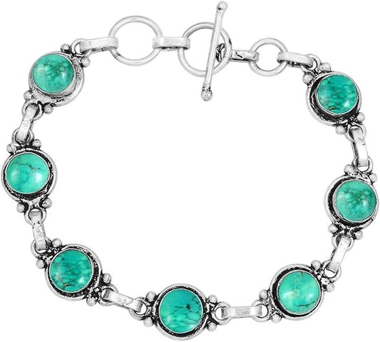 Round Shape Natural & Synthetic Gemstones Silver Plated Bracelets for Women - Vintage Bohemian Style Handmade Birthstone Adjustable Link Bracelet Jewelry Gifts for Wedding Anniversary Mother's Day