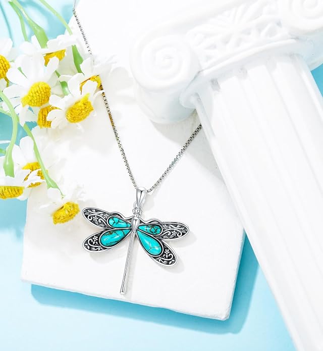 Genuine Dragonfly Turquoise Jewelry Set for Women, Sterling Silver Vintage Native American Western Jewelry Birthdays Gift for Women