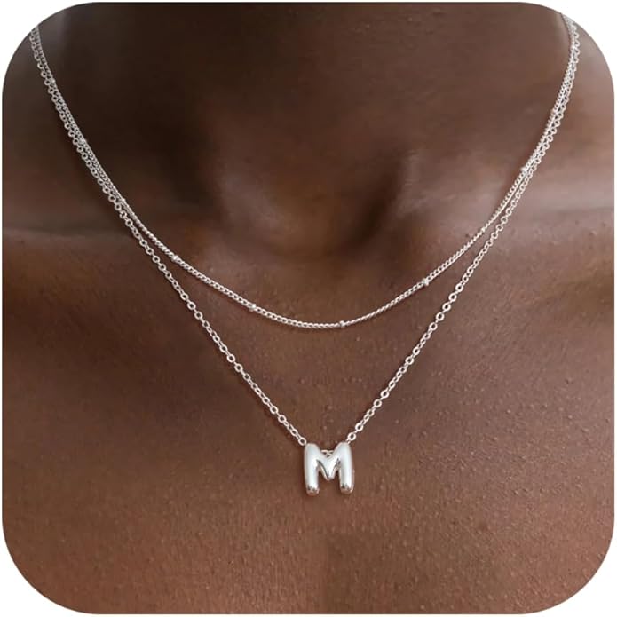 Bubble Letter Necklace Layered Initial Necklaces for Women Dainty Cute Choker Pendant Stack Jewelry Teen Gift Trendy Stuff