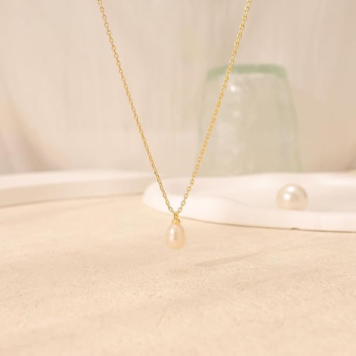 Pearl Necklace for Women Trendy,14k Gold Plated Necklace Dainty Wedding Necklace Small Cute Choker Necklace Beaded Lariat Drop Necklace Vintage Waterproof Jewelry for Women Gold Jewelry Fashion Gifts