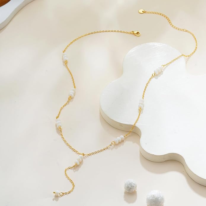 Gold Pearl Necklaces for Women Trendy, 14K Gold Plated Dainty Necklace Simple Layered Pearl Necklaces for Women Trendy Wedding Birthday Jewelry