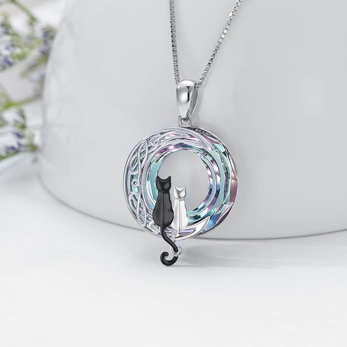 TOUPOP Christmas Cat Gifts for Cats Lovers One Two Three Four Cats Necklace Sterling Silver Cats on the Moon Pendant Necklace with Blue Circle Crystal Birthday Christmas Celtic Jewelry Gifts for Women