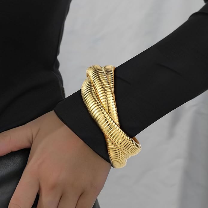 Emibele Gold Bangles Bracelet Set for Women, 18K Gold Plated Chunky Stainless Steel Non Tarnish Stretch Bracelet Stack, Flexible Wide Wristband Bangle Layered Snake Chain Bracelets