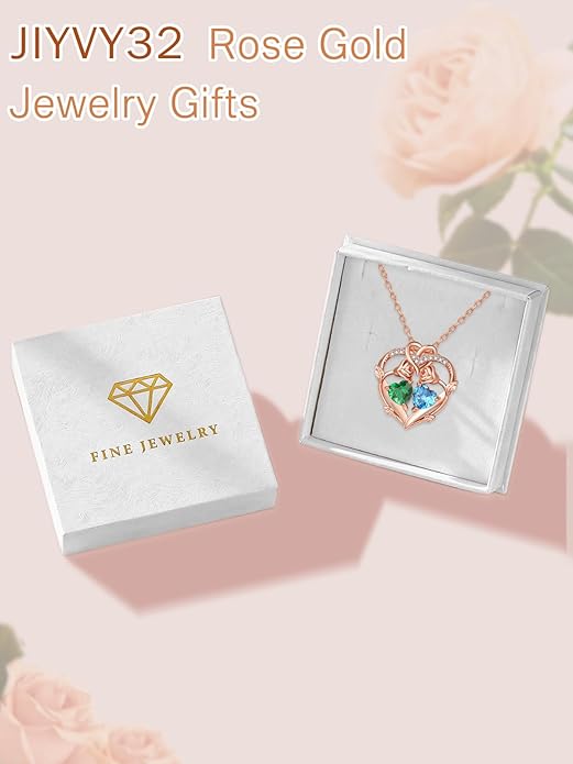 Rose Gold Necklaces for Women Double Birthstone Rose Flower Heart Pendant Necklace Jewelry Anniversary Christmas Valentine's Mother's Day Birthday Gift for Wife Mom Her Girlfriend Sister