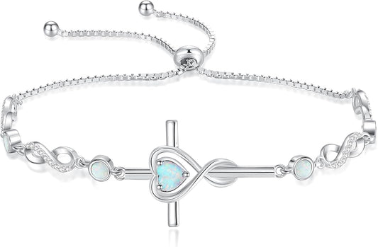 FANCIME Gift for Women Cross Bracelet 925 Sterling Silver Heart Birthstone Bracelet Fine Jewelry Birthday Gifts for Her Women