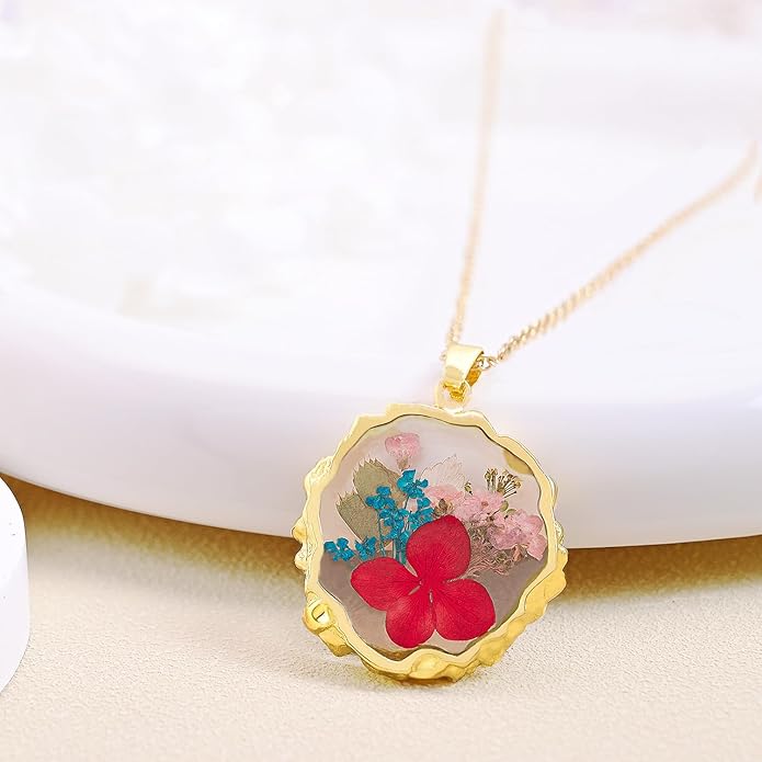 Birth Flower Necklaces for Women,1-12 Month Real Pressed Flower Necklace,Boho-Style Personalized Jewelry, Handmade Floral Pendant,Thoughtful Gift for Christmas,Birthday|18"