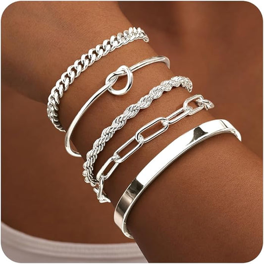 Gold Bracelets for Women Non Tarnish, 14K Gold Plated Chunky Cuff Bracelet Gold Bangles Bracelet for Women Trendy Tie Knot Cuban Rope Paperclip Beaded Bracelet Stack Jewelry Gifts